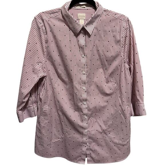 Chico's Red White Blue Polka Dots No Iron Button Up Collar Tunic Shirt Sz 2 (l) - Picture 1 of 11